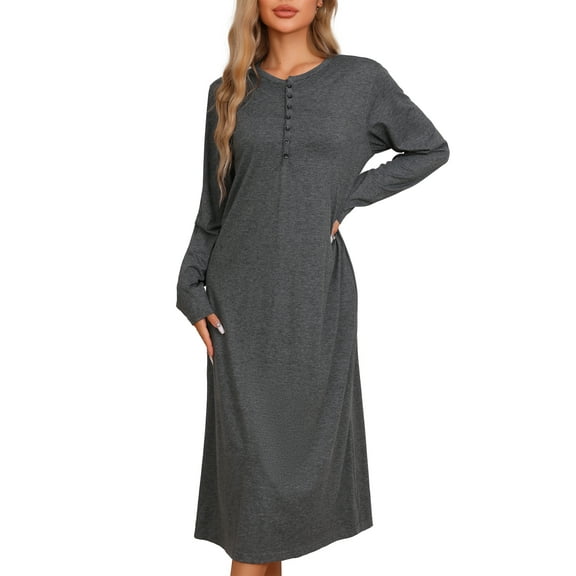 INSPIRE CHIC Women's Knit Nightgown Button Scoop Neck Long Sleeve Long Nightshirt M Deep Gray
