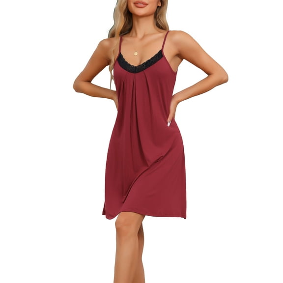 INSPIRE CHIC Women's Lingerie Modal Sleeveless Spaghetti Strap Lace Nightgown Loungewear M Red