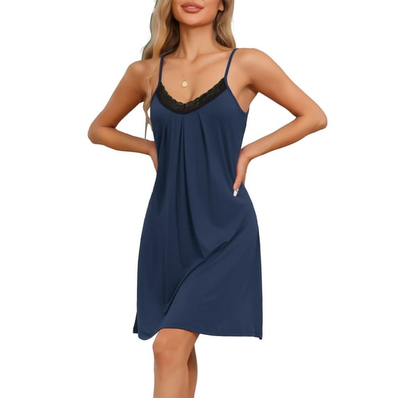 INSPIRE CHIC Women's Lingerie Modal Sleeveless Spaghetti Strap Lace Nightgown Loungewear XL Navy