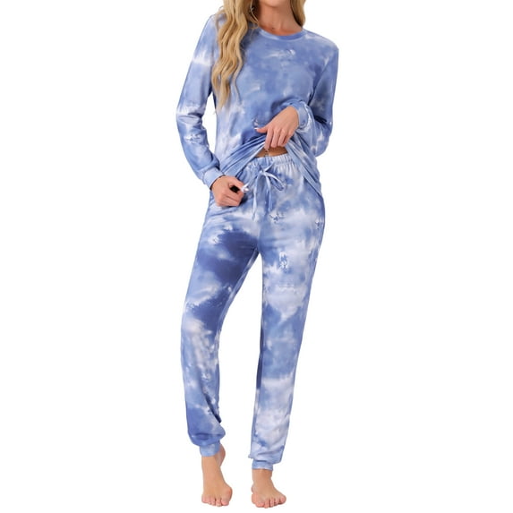 INSPIRE CHIC Women's Long Sleeve Pajama Sets Star Printed Knit Sweatshirt 2 Piece Sleepwear XS Blue Tie dye