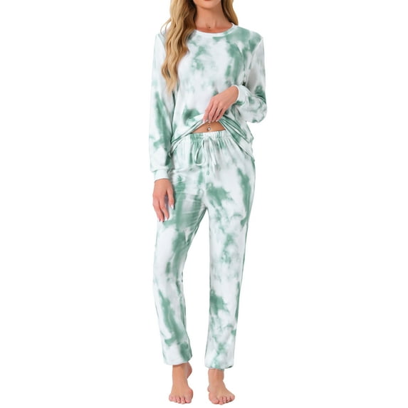 INSPIRE CHIC Women's Long Sleeve Pajama Sets Star Printed Knit Sweatshirt 2 Piece Sleepwear XS Green Tie dye