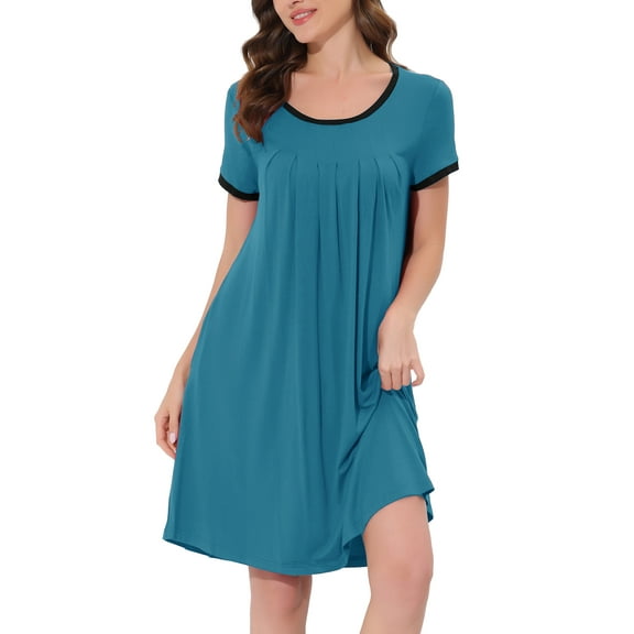 INSPIRE CHIC Women's Lounge Dress Night Shirts Sleepwear Solid Color Round Neck Pajama Nightgowns S Peacock Blue