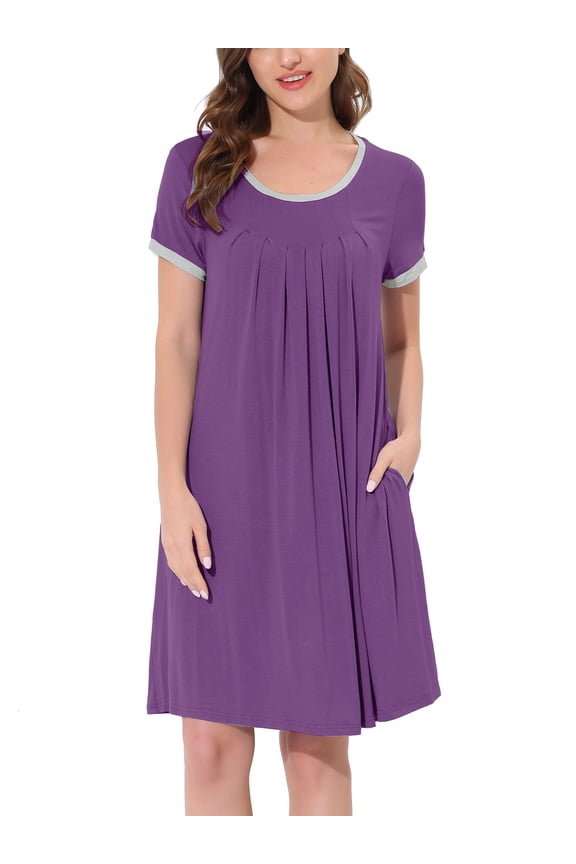 Women's Lounge Dress Night Shirts Sleepwear Solid Color Round Neck Pajama Nightgowns XL Purple