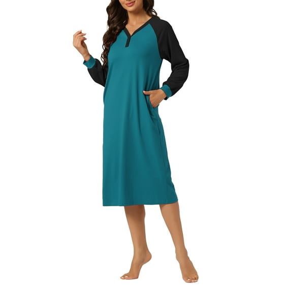 INSPIRE CHIC Women's Lounge Dress Sleepshirt Pajamas Long Sleeves Henley Neck Nightgowns with Pockets XS Peacock Blue