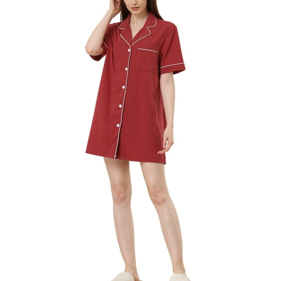 INSPIRE CHIC Women's Button Down Nightshirt Pajamas Dress Short Sleeves Summer Lounge Nightgowns XS Red