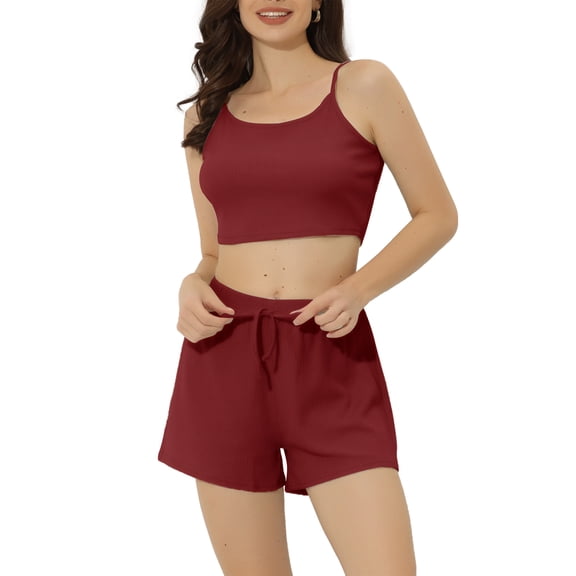 INSPIRE CHIC Women's Pajama Sets Knit Cami Tops with Shorts 2 Pcs Lounge Sleepwear XL Wine Red