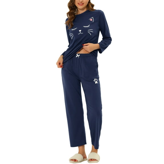 INSPIRE CHIC Women's Lounge Sets Long Sleeve Cats Print Tops with Pants Sleepwear with Pockets XL Blue