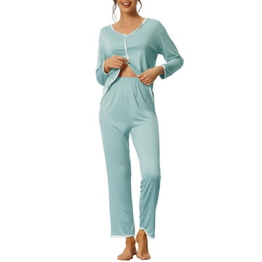 cheibear Lounge Sets for Women Long Sleeve Knit Pullover Tops with Pants Pajamas Sets L Light Blue