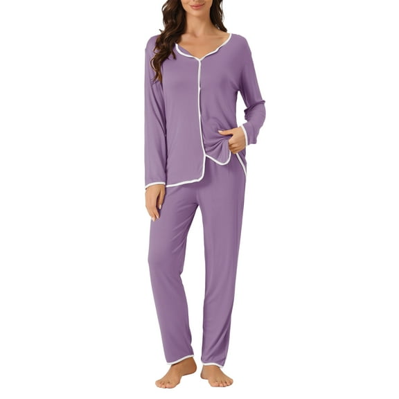INSPIRE CHIC Women's Lounge Sets Long Sleeves Knit Pullover Tops with Pants Pajama Sets XS Purple