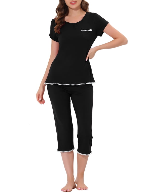 Women's Halloween Rayon Blend Pajama Set Soft Short Sleeve Top with Elastic Waist Capri Pants Loungewear for Spring Summer XS Black