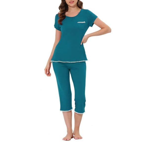 INSPIRE CHIC Women's Sleepwear Pajama Set Nightwear Round Neck Loungewear with Capri Pants S Peacoke Green