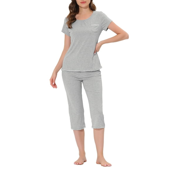 INSPIRE CHIC Women's Sleepwear Pajama Set Nightwear Round Neck Loungewear with Capri Pants XS Gray