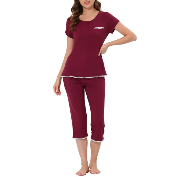 INSPIRE CHIC Women's Sleepwear Pajama Set Nightwear Round Neck Loungewear with Capri Pants XS Red