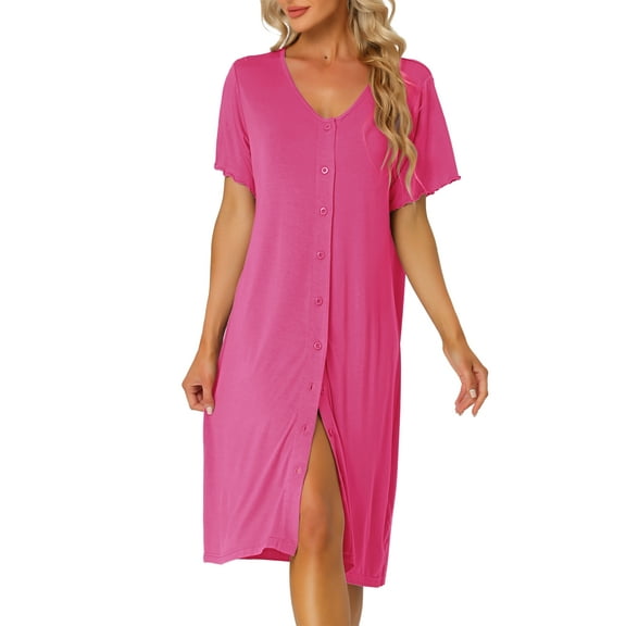 INSPIRE CHIC Women's Nightgown Button Down Soft Modal Short Sleeve Pajama Sleepshirts M Hot Pink