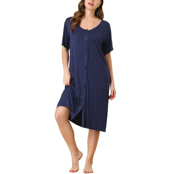 INSPIRE CHIC Women's Nightgown Button Down Soft Modal Short Sleeve Pajama Sleepshirts M Navy Blue