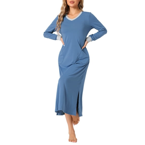 INSPIRE CHIC Women's Nightgown Long Sleeve V Neck Soft Night Shirt Dress with Pockets S Blue