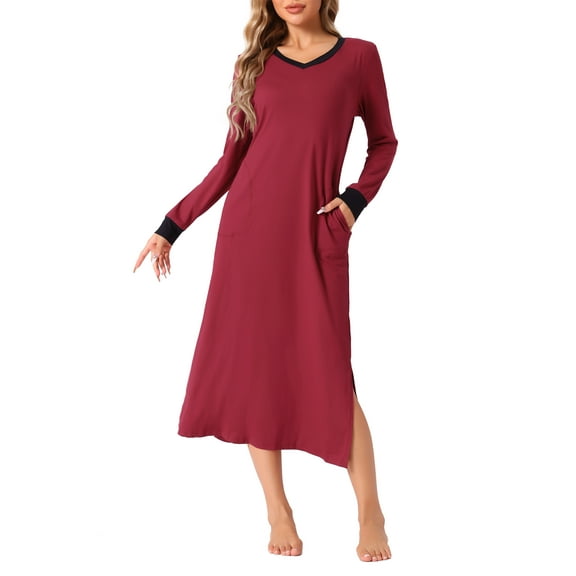 INSPIRE CHIC Women's Nightgown Long Sleeve V Neck Soft Night Shirt Dress with Pockets S Red