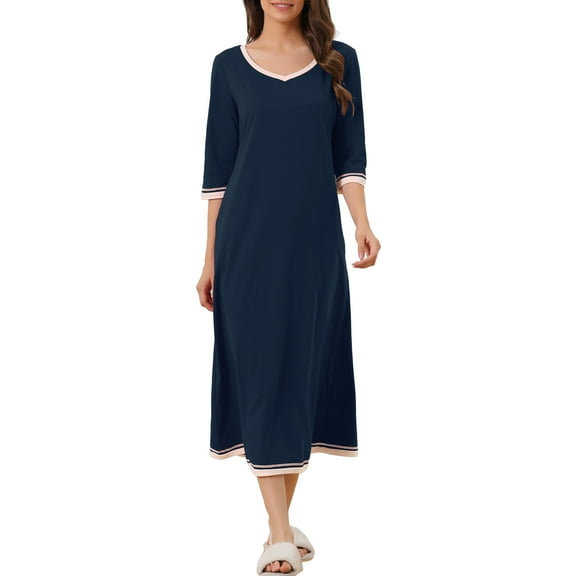 INSPIRE CHIC Women's Nightgown 3/4 Sleeve V Neck Loungewear Long Sleep Nightshirt with Pockets XL Blue