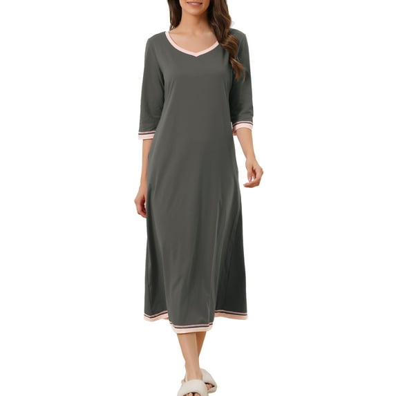 INSPIRE CHIC Women's Nightgown 3/4 Sleeve V Neck Loungewear Long Sleep Nightshirt with Pockets XS Grey