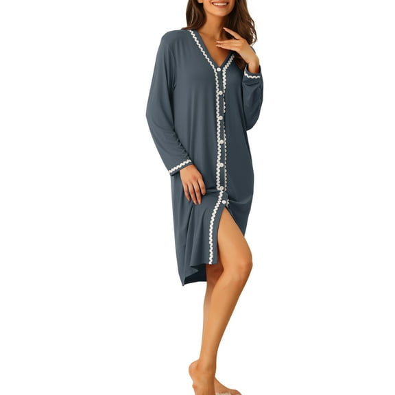 INSPIRE CHIC Women's Button Down Nightgowns Long Sleeve Sleepshirt Pajama Dress M Grey