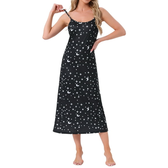 INSPIRE CHIC Women's Nightgown Spaghetti Strap Round Neck Sleep Under Full Cami Dress 2XL Black Star Moon