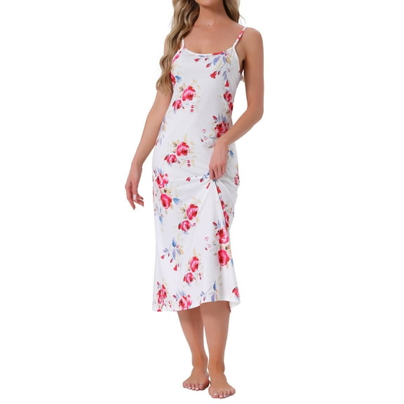 INSPIRE CHIC Women's Nightgown Spaghetti Strap Round Neck Sleep Under Full Cami Dress 2XL White Rose