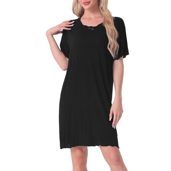 INSPIRE CHIC Women's Nightgowns Soft Ruffled Sleepwear Short Sleeve Sleep Shirt Short Nightshirt with Bow-Knot L Black
