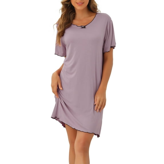 INSPIRE CHIC Women's Nightgowns Soft Ruffled Sleepwear Short Sleeve Sleep Shirt Short Nightshirt with Bow-Knot M Purple