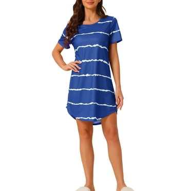 INSPIRE CHIC Women's Nightshirt Round Neck Short Sleeve Striped Sleepshirt Nightgown M Blue