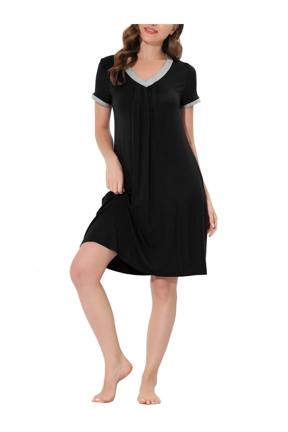 Women's Nightshirt Sleepwear Lounge Pajama Dress V Neck Short Sleeve Nightgowns XS Black