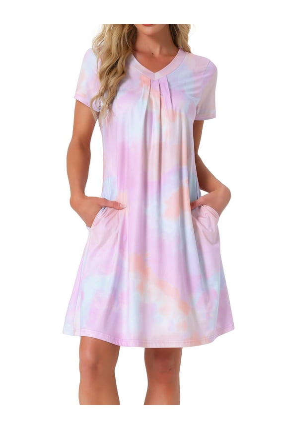 Women's Nightshirt Sleepwear Lounge Pajama Dress V Neck Short Sleeve Nightgowns XS Pink Purple