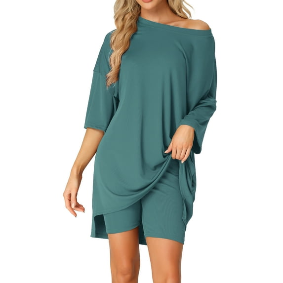 INSPIRE CHIC Women's Oversized Lounge Set Workout Sweatsuits T-Shirt with Biker Shorts Outfits Sets M Lake Green