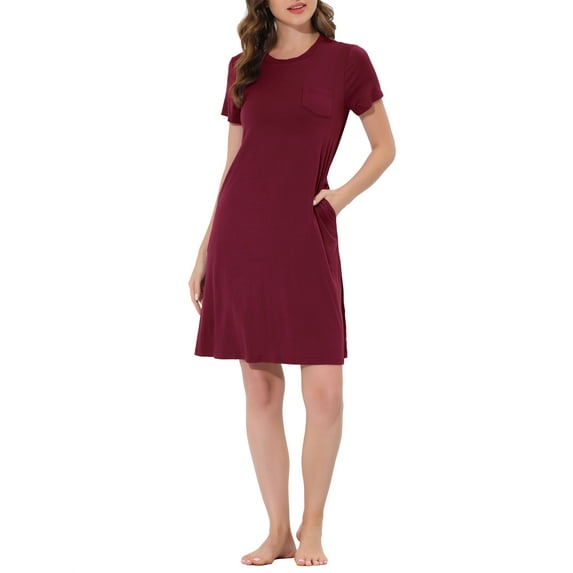 INSPIRE CHIC Women's Sleepshirts Lounge Dress Sleepwear Crew Neck with Pockets Pajamas Nightgown S Red