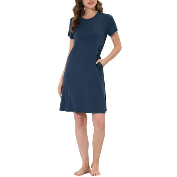 INSPIRE CHIC Women's Sleepshirts Lounge Dress Sleepwear Crew Neck with Pockets Pajamas Nightgown XS Navy Blue