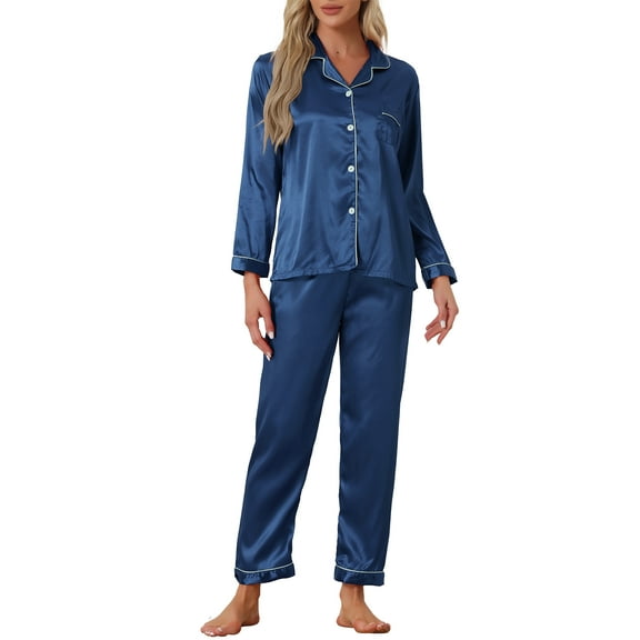 INSPIRE CHIC Women's Satin Pajama Sets Long Sleeves Tops and Pants 2 Pcs Loungewear L Dark Blue