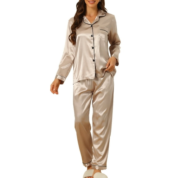 INSPIRE CHIC Women's Satin Pajama Sets Long Sleeves Tops and Pants 2 Pcs Loungewear S Light Champagne