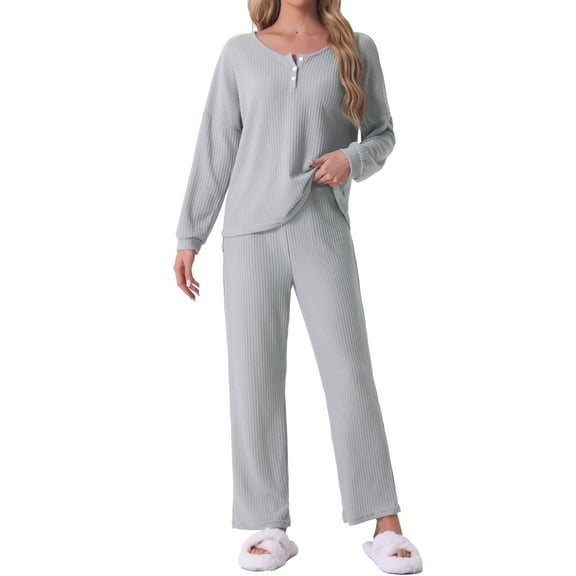 INSPIRE CHIC Women's Pajama Set Waffle Knit Lounge Long Sleeve 2 Piece Set Sweatsuit Outfits L Light Gray