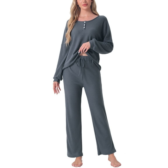 INSPIRE CHIC Women's Pajama Set Waffle Knit Lounge Long Sleeve 2 Piece Set Sweatsuit Outfits XL Dark Gray