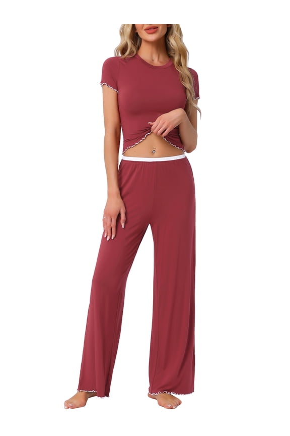 Women's Pajama Sets Knitted Short Sleeve Top Ruffled Long Wide Leg Pants Tracksuit 2 Piece Outfits Pj Lounge Sets XL Claret