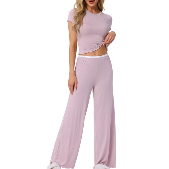 INSPIRE CHIC Womens Pajama Sets Knitted Short Sleeve Top Ruffled Long Wide Leg Pants Tracksuit 2 Piece Outfits Pj Lounge Sets XS Pink