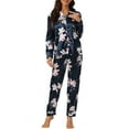 thumbnail image 1 of INSPIRE CHIC Women's Satin Pajamas Sleepwear Long Sleeve Tops with Pants Button Down Floral Lounge Sets L Navy Blue, 1 of 5