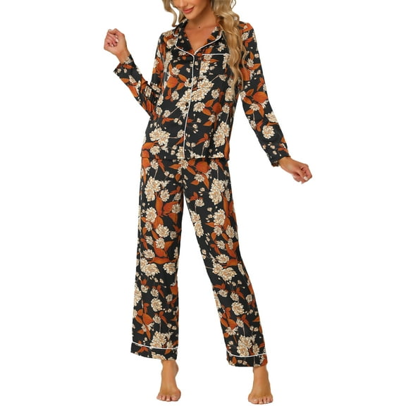 INSPIRE CHIC Women's Satin Pajamas Sleepwear Long Sleeve Tops with Pants Button Down Floral Lounge Sets S Black
