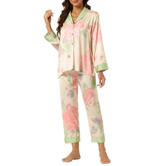 INSPIRE CHIC Women's Silk Pajamas Set Floral Button Down Satin Sleepwear L Pink
