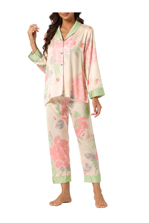 Womens Silk Pajamas Set Long Sleeves with Pants Lounge Satin Sleepwear XS Pink