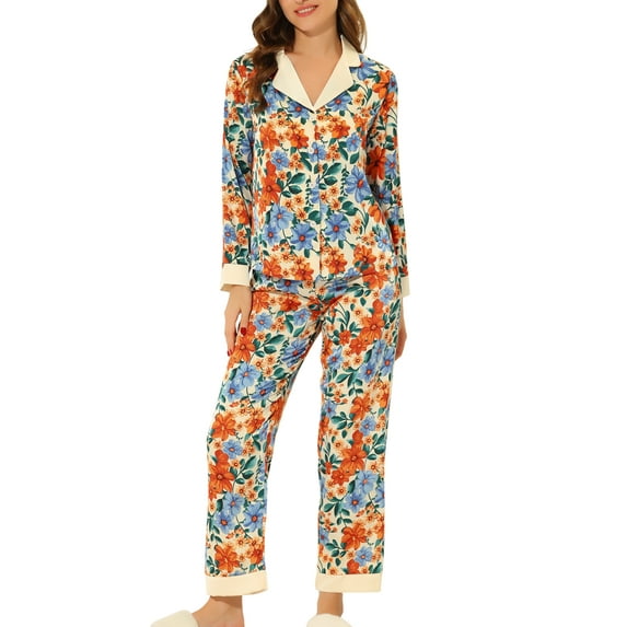 INSPIRE CHIC Women's Silk Pajamas Set Floral Button Down Satin Sleepwear XL Apricot