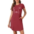 thumbnail image 1 of INSPIRE CHIC Women's Pajamas Night Shirts Cats Printed Sleep Dress Short Sleeve Nightgowns M Wine Red, 1 of 6