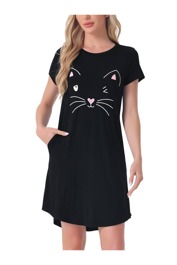 Women's Pajamas Night Shirts Cats Printed Sleep Dress Short Sleeve Nightgowns XS Black