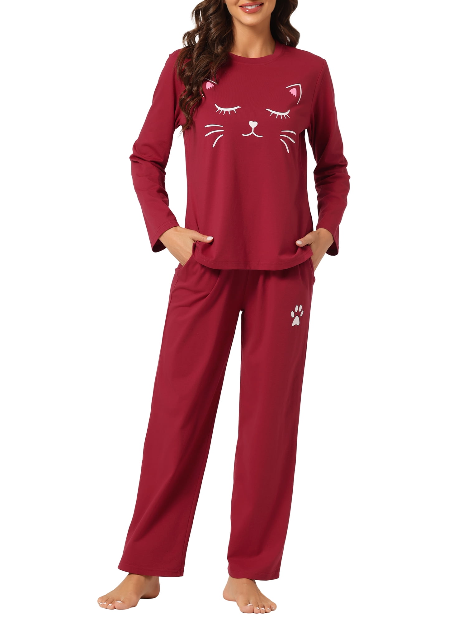 cheibear Women's Pajamas Nightwear Cute Cat Print Tops and Pants