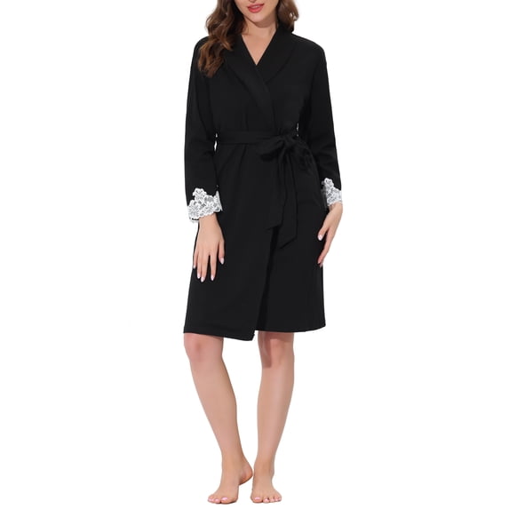 INSPIRE CHIC Women's Pajamas Robe Sleepwear Lace Nightgown Tie Waist Lounge Bathrobe L Black