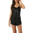 thumbnail image 1 of INSPIRE CHIC Women's Satin Pajamas Set Sleeveless Racerback Cami Tops with Lace Trim Shorts Sliky Lounge Sets S Black, 1 of 6